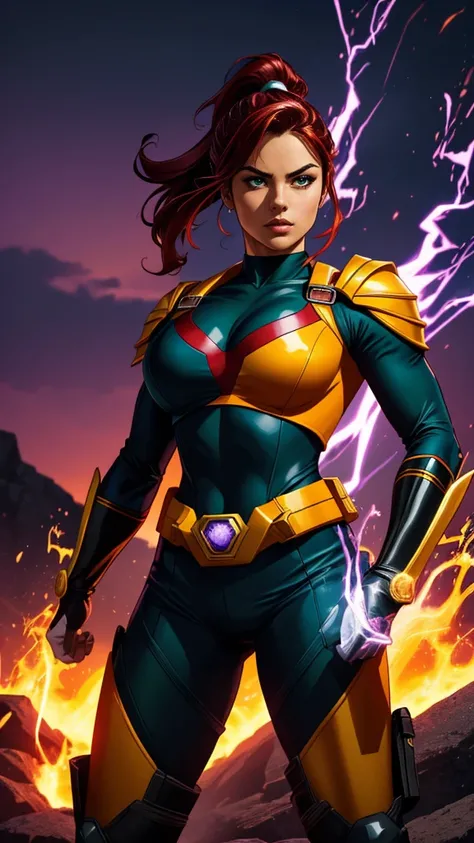 A Stirring, High-Quality Masterpiece of a member of a Ranger Team. The ranger is adorned in vibrant colors: rosa, red blazing in the foreground, violet, green, yellow, black blue, and white. Her dynamic poses exude energy and courage against a background t...