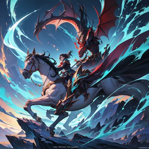 There was a man riding a horse，There is a dragon on horseback, author：Yang J, Game concept art, League of Legends concept art, Ink Art, official Ink Art, League of Legends style art, League of Legends illustrations, League of Legends Character Art, Epic fa...