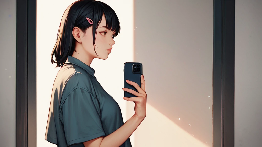 score_9, score_8_Excellent, score_7_Excellent,   Cowboy Shot, From the side,  One Girl, smartphone,  Selfie,  amount,  Hair Clip, Voice of the Heart, Black Hair, bangs,In a completely different expression
,   