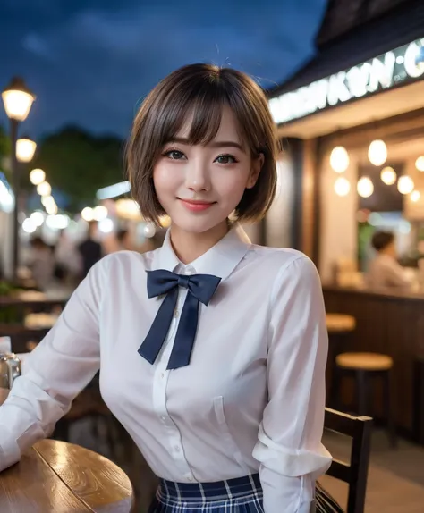 (8k, RAW photo, best quality, masterpiece:1.2), (realistic, photo-realistic:1.37), ultra-detailed,
1 girl,cute, solo,beautiful detailed sky,detailed cafe,night,sitting,dating,(nose blush),(smile:1.1),(closed mouth),large breasts, seductive smile, large apa...