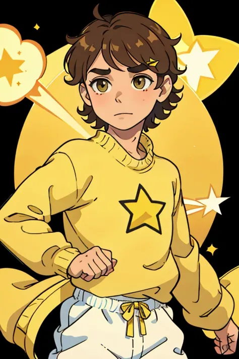 The best quality ,broad ,gather, cheerful and radiant light-skinned boy.., Brown eyes, defined curly light brown hair and wearing a yellow sweater, He has a star sticker on his cheekbone.