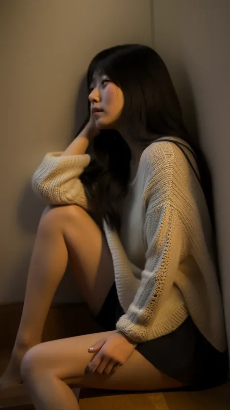 A Japanese girl in her twenties is crying in a corner of a dimly lit room, sitting and holding her legs