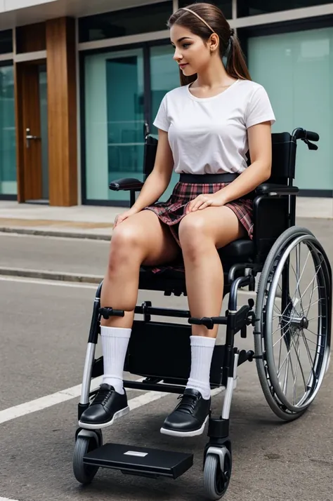 Creates a realistic young woman in a skirt in a wheelchair and with her right leg in a cast