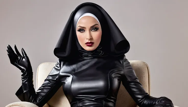 An evil, sexy, hypnotizing nun. The face of a mannequin. She is wearing a "black latex veil", a tight-fitting "hijab", "black leather high-heeled boots" and "black leather gloves". Hes sitting in an armchair.