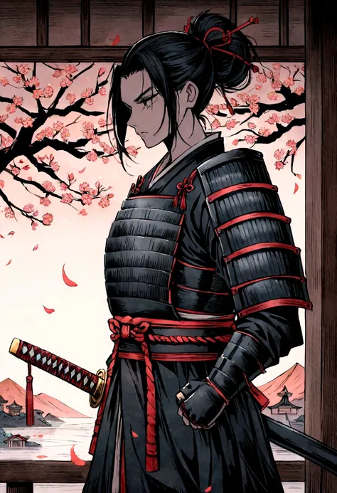 (best quality,highres:1.2),ultra-detailed,traditional Japanese samurai armor,warrior,stoic expression,serious,skilled swordsmanship,classic katana,samurai code of honor,sacred devotion,falling cherry blossom petals,ancient cherry blossom tree,authentic Jap...