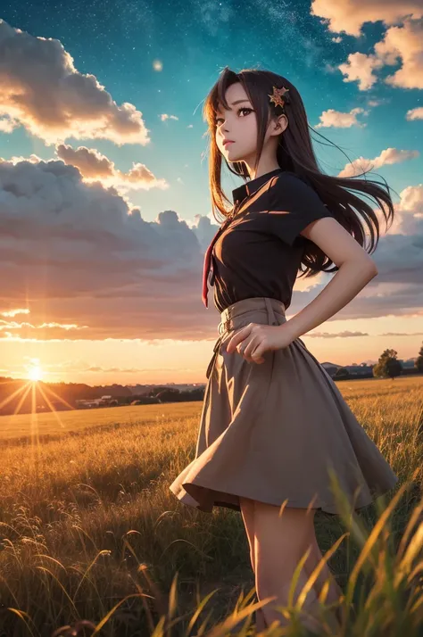 Anime style，grassland，Makihara，Vision，Sunset，Starry sky，Beautiful girl pointing at the sky，high quality，Ultra HD，4K