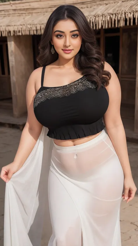 monali thakur Indian beautiful actress curvy plus size hour glass bulky huge figure woman, closeup camera view, big huge m-cup breast, wearing SHEIN Essnce 2pcs/Set Black & White Pleated Waist Slim Fit Tank Tops For Women Plus Size, Summer, With Thick Shou...