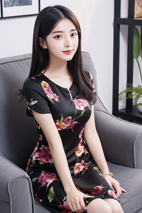 young Chinese woman of medium size, medium bust, straight black hair, short flower print dress, sitting on living room furniture