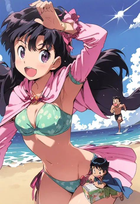 sleeve cape, boys and girls, manga style, beachfront, bikinis, having fun at sea,
