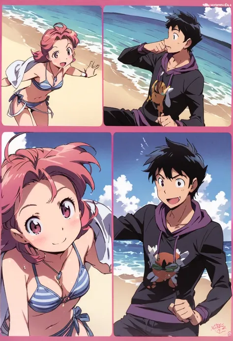 sleeve cape, boys and girls, manga style, beachfront, bikinis, having fun at sea,
