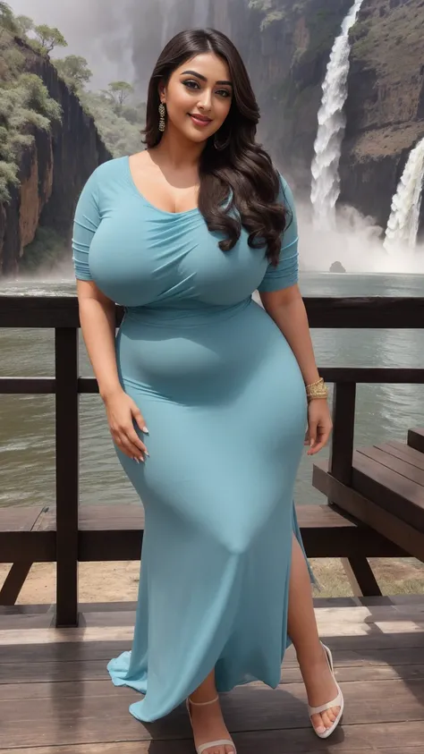 monali thakur Indian beautiful actress curvy plus size hour glass bulky huge figure woman, closeup camera view, big huge m-cup breast, wearing SHEIN Privé Plus Size Solid Color Round Neck Twisted Design Elegant Summer Dress, covered Bust , elegant standing...