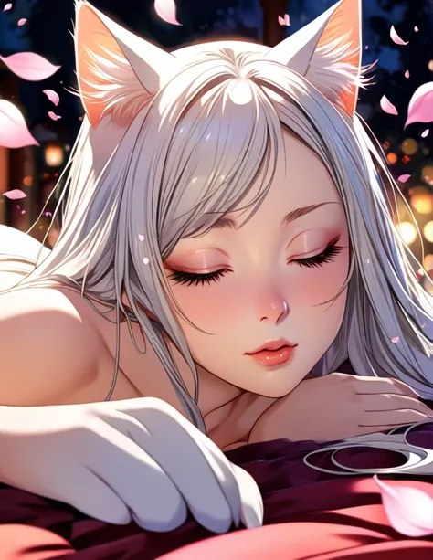 (Harem Manga style:1.2) , Hallucination, daydream , nightmare , Insane Dream , bokeh , erotica , romance ,  girl and realistic cat , Petals fluttering down , (Single eyelids, round nose, swollen cheeks) , glossy lips , Collarbone , Hair blowing in the wind...