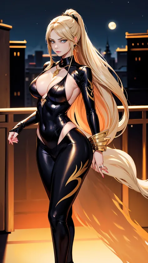 Beautiful woman with long straight ponytail blond hair with blue eyes wearing a Black Tight Leggings With Golden Dragon Prints, a Red Sexy Criss Cross Mock Neck With Mid Sleeves Suit And Phoenix Prints, luxurious jewelry and a luxurious necklace, 18k gold ...