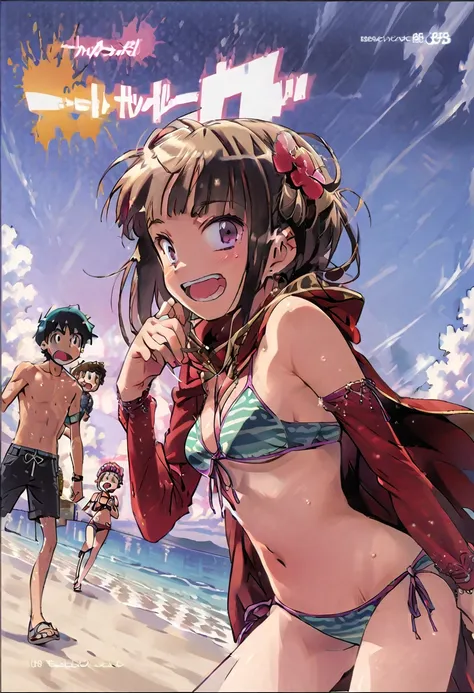 sleeve cape, boys and girls, manga style, beachfront, bikinis, having fun at sea,
