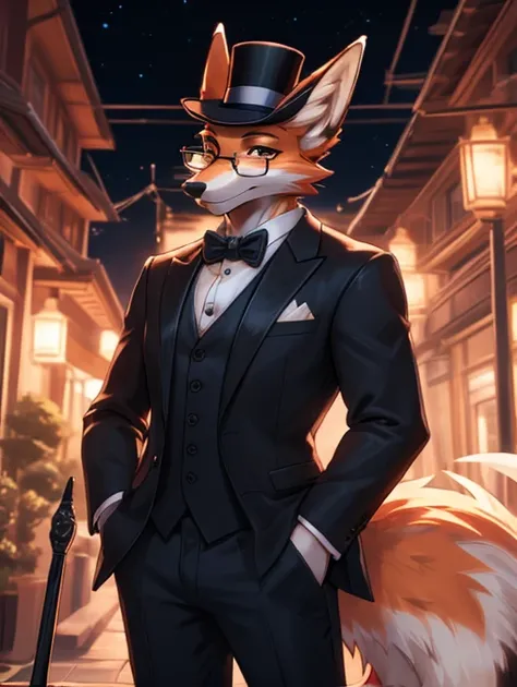 The best quality, high definition image, super calidad foxy men High Definition, kitsune ears, with modern glasses, elegant suit, high top hat and cane, executive fox, successful businessman, High Definition, 