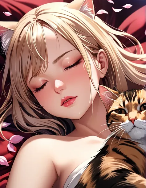 (Harem Manga style:1.2) , Hallucination, daydream , nightmare , Insane Dream , bokeh , erotica , romance ,  girl and realistic cat , Petals fluttering down , (Single eyelids, round nose, swollen cheeks) , glossy lips , Collarbone , Hair blowing in the wind...