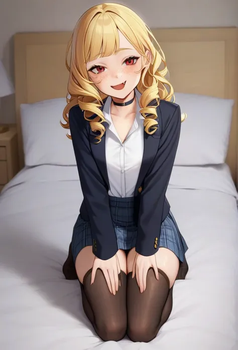 Cute young woman, white shirt, black blazer, blue skirt, black stockings, choker, long curly gold hair, freckles, fang, Red eyes, slim figure, thin legs, happy face, tilted her head, in bedroom, stay on knees, blush.