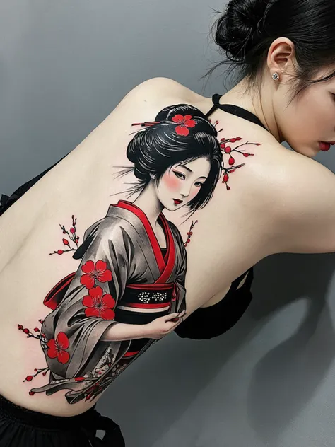 Masterpiece, trash-polka tattoos, sketch, minimalism, pencil drawing, clear lines, delicate ornament, geisha, (photo of the upper thighs:1.3),