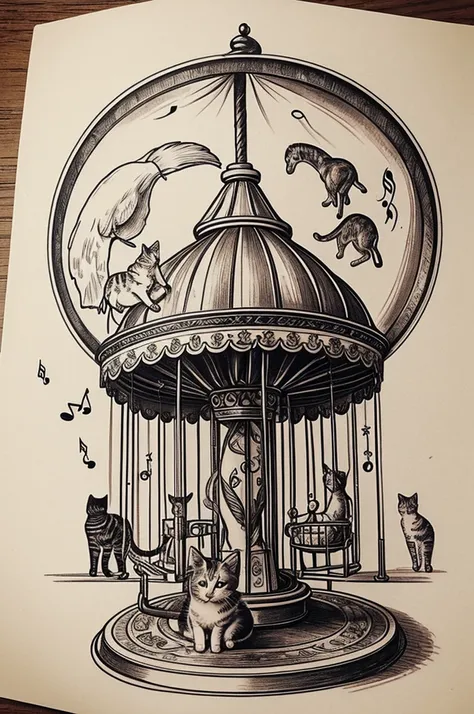 Create a sketch for a tattoo with the following characteristics: a carousel where they hang a cooked chicken leg, A kitten in a cup, a musical note, a shirt