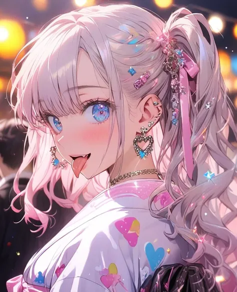 tongue，gal，glittery earrings，pink,pinkに光るタトゥー,長いpinkの髪,blue eyes