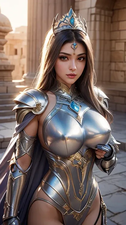 a beautiful attractive Persian Princess Warrior in silver knight cyber armor suit ,perfect face and body, beautiful breast, medium breasts ,medium shot ,elegance pose, lighting soft and clear effect ,fantasy art ,golden hour light shone from behind in the ...