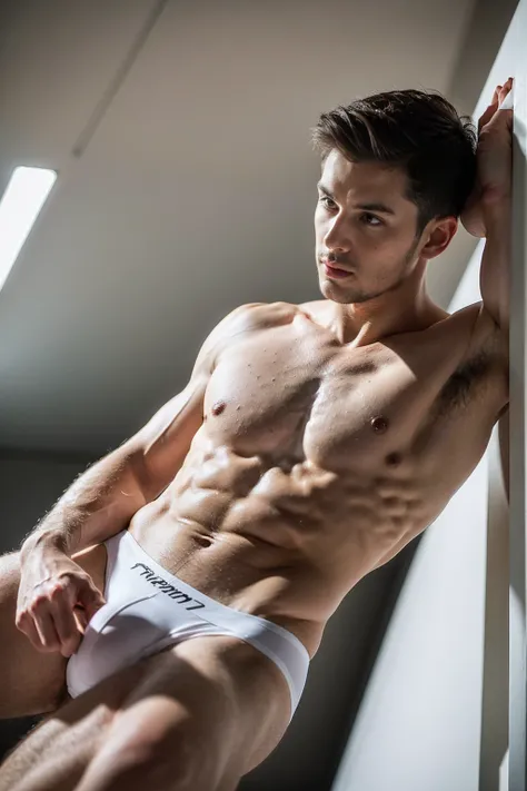 Masterpiece, Best quality, Solo,European Man,white wall background, skinny boy body, muscle body,sport body, big muscle, Handsome face,Black Hair Color,Natural eyes, athletic physique, slender, no body hair, He was wearing tight White Calvin Klein underwea...