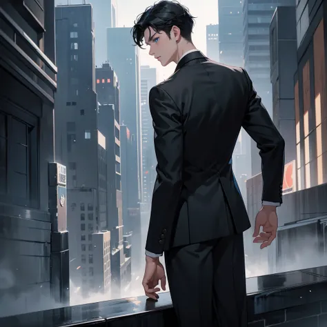 1boy, short black hair, blue eyes, wearing all black suits, on top of a building, high res, ultrasharp, 8k, masterpiece, looking at viewer from behind