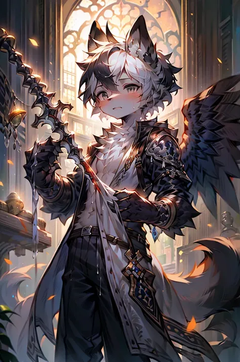 a male wolf-like humanoid angel with a damaged golden halo, wearing a white robe with golden floral patterns and a black tattered hem, black pants, and a pair of bony black-feathered wings, standing alone in a foggy, dilapidated background, holding a silve...