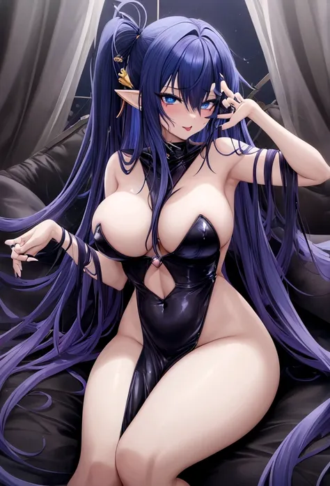 Hentai, nude body, sexy pose, fade blue and black hair color, blue eyes, anime chan, kawai, anime, ahegao, black nail