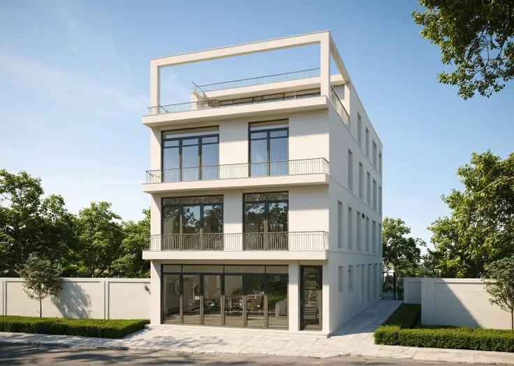 neoclassic house, exterior design, (white wall:1.2), (cornice details, neoclassical relief details), (iron gate), (reflection glass Tree shadow scattering), window, (focus on object), (Neutral lighting is suitable for the neoclassic house, light color ther...