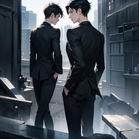 1boy, short black hair, blue eyes, wearing all black suits, on top of a building, high res, ultrasharp, 8k, masterpiece, looking at viewer from behind