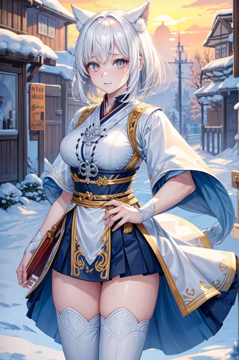 short white hair with white wolf ears, she has a short braided ponytail. She is wearing traditional finnish folk clothes from finland, its like sami clothing. She has a large greatsword on her with her and she is wearing long leather boots. Her body is mus...