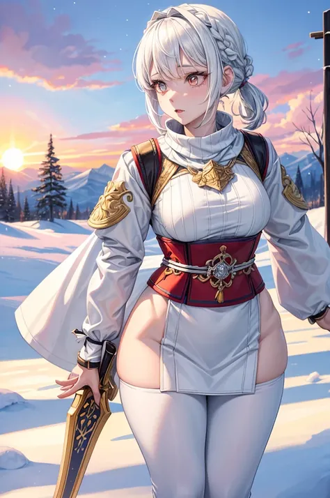 short white hair with white wolf ears, she has a short braided ponytail. She is wearing traditional finnish folk clothes from finland, its like sami clothing. She has a large greatsword on her with her and she is wearing long leather boots. Her body is mus...