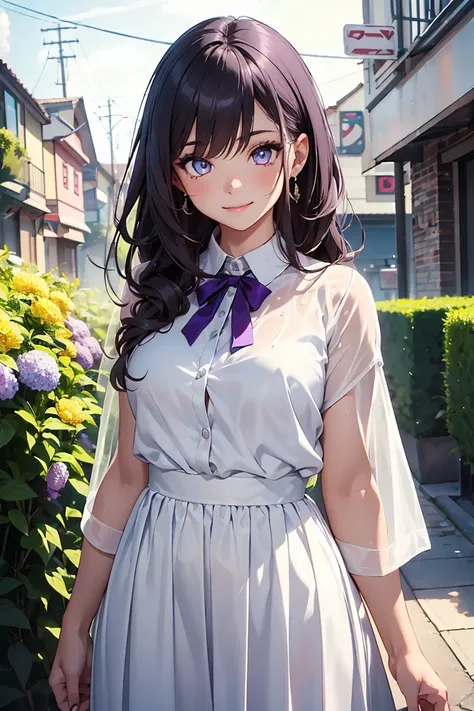 ((1 Girl)), Latest Trends in Clothing,hydrangea,rain, garden,soaked,cute,Wet clothes, Light-colored clothing, smile, Light purple and white outfit, Long skirt, Street fashion,Cowboy Shot,((Very detailed,Highest quality, High resolution, 8k wallpaper, Beaut...