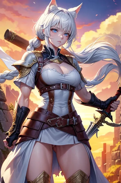 short white hair with white wolf ears, her eyes are bright orange, she has a short, braided ponytail. She is wearing worn and torn peasant cotton clothes, with leather belts around her. She has a large greatsword on her back and she is wearing long leather...