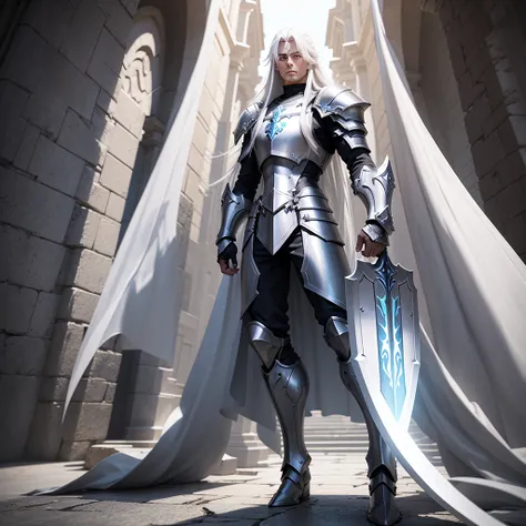 Paladin in 3D full body in attack position long hair white hair color white eyes without beard who has a luminous sword in his right hand and in his left hand he has a shield