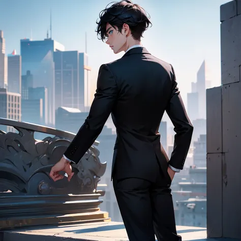 1boy, short black hair, blue eyes, wearing all black suits, on top of a building, high res, ultrasharp, 8k, masterpiece, looking at viewer from behind