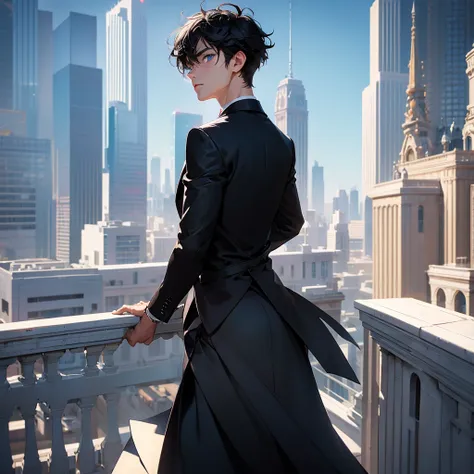 1boy, short black hair, blue eyes, wearing all black suits, on top of a building, high res, ultrasharp, 8k, masterpiece, looking at viewer from behind