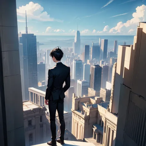 1boy, short black hair, blue eyes, wearing all black suits, on top of a building, high res, ultrasharp, 8k, masterpiece, looking at viewer from behind