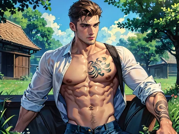 Close-up of Man, Age 25, Sculpted and built, ruggedly good looking, well kept, he has some tattoos, light brown hair, a robust and sharp jawline, bright blue eyes, a narrow nose, and thin lips, wearing a black button-up shirt with the front open, showing h...