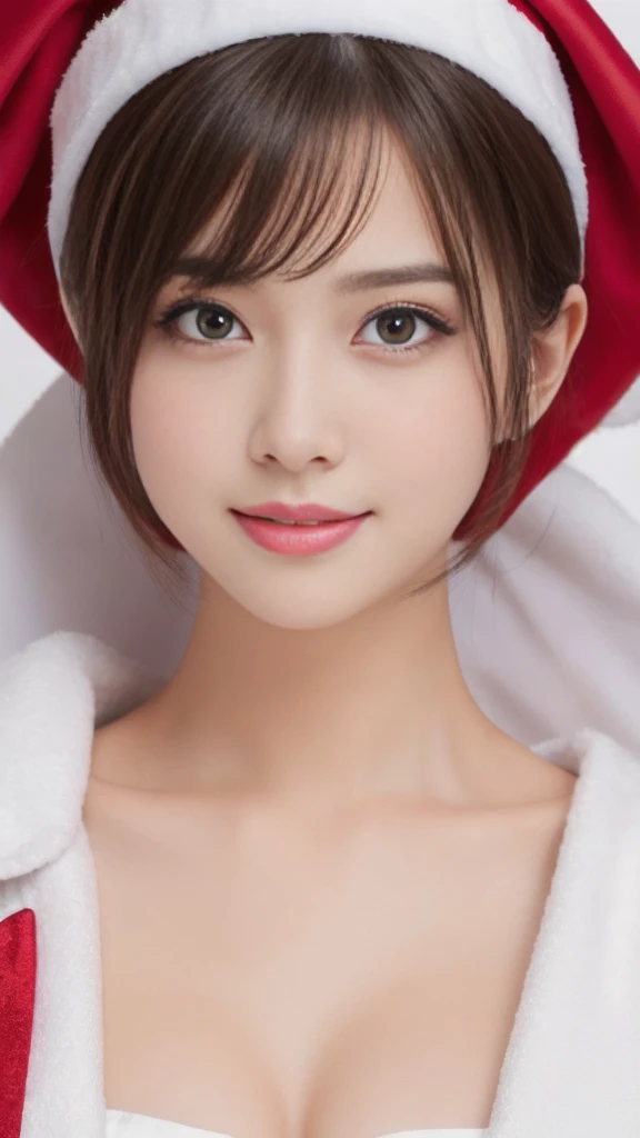 1girl, santa claus costume slim fit, symmetry, cute ultra young girl, ultra short hair, beautiful detailed eyes, beautiful detailed lips, extremely detailed eyes and face, long eyelashes, (best quality,4k,8k,highres,masterpiece:1.2),ultra-detailed,(realist...