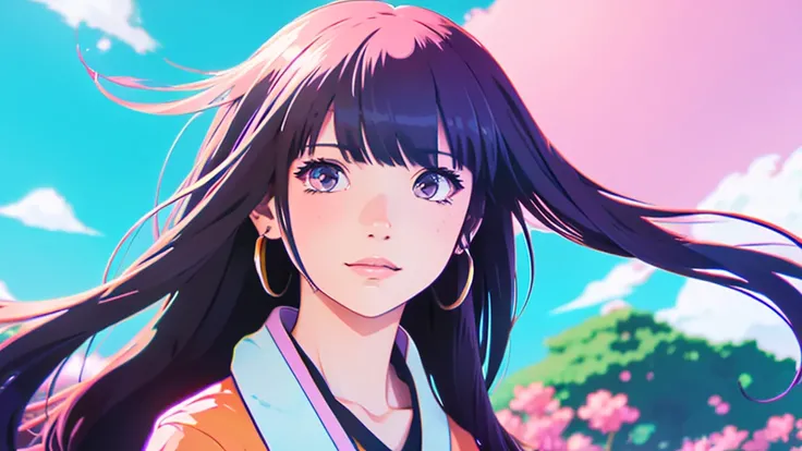 Create a vibrant anime-style portrait of a Japanese girl, .A girl&#39;s hair should flow naturally., And she is big, Expressive blue eyes. Her expression should be soft and gentle, With a warm and kind smile. A combination of warm and cool colors is prefer...