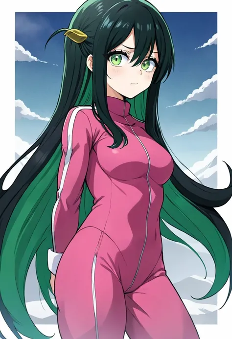 Boku no hero academia anime image, woman with long black hair, green eyes, cold and dull look, pink hero suit with white, panel manga