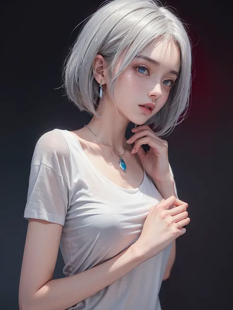 ((masterpiece)), ((best quality)), (ultra-detailed), ((extremely detailed)), 4K, (8K), best quality, a beautiful woman, ((beautiful light gray hair)), shiny hair, ((fluffy bob cut)), light blue eyes, detailed skin, freckled skin, flushed cheeks, 20 years o...