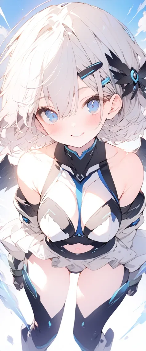 beautiful, masterpiece, Highest quality, anime, One girl, C Cup,Portrait Shot, View your viewers, Covered、Short Hair、nearby、Blue Eyes、art、、White hair,Blue streaked hair、wallpaper、hairpin、Cute smile、Thighs、navel、Floating sci-fi hair accessories、Sci-fi knee-...