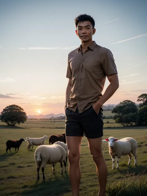 A slim Indonesian man wearing a brown shirt and black shorts, barefoot, herding a spotless white sheep. They lovingly pose in the middle of a grassy field at sunset, creating a blend of natural beauty and harmony.