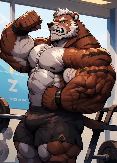 solo, 1boy, Huge Muscular Old Grizzly Bear wearing glasses , pectoral, huge pectoral, wide pectoral, short white hair, black gym short pants, black wristbands and shirtless and topless , white bearded, Mustache, gym background, masterpiece, high detailed, ...