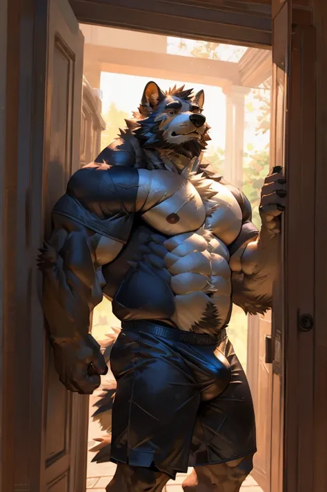 Bara, Solo, by Taran Fiddler, muscular male, mature age, middle-aged, furry male, bee, canine, white fur, beard, shirtless, red boxers, clothing is slipping off waist ((bulge outline, dripping)), bulge, pulling up boxers, standing on doorstep, leaning agai...