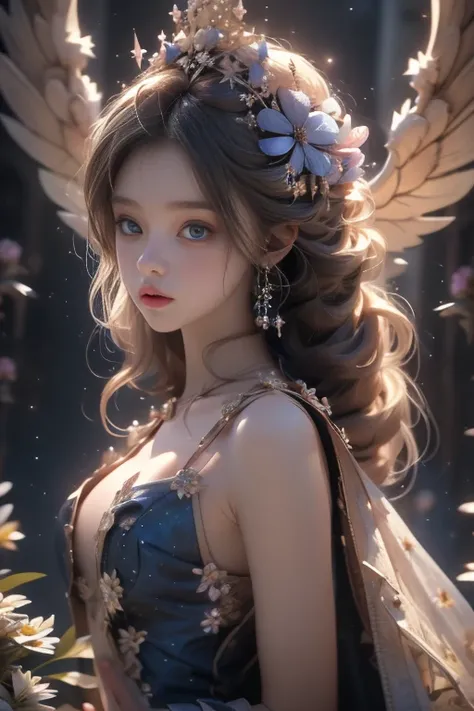 4k ultra hd, masterpiece, a young woman, good face, detailed eyes, detailed lips, flower fairy, big wings, clear wings, neon lig...