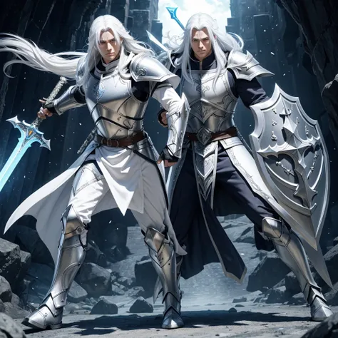 Paladin of God in 3D full body in attack position long hair white hair color white eyes without beard who has a luminous sword in his right hand and in his left hand he has a shield